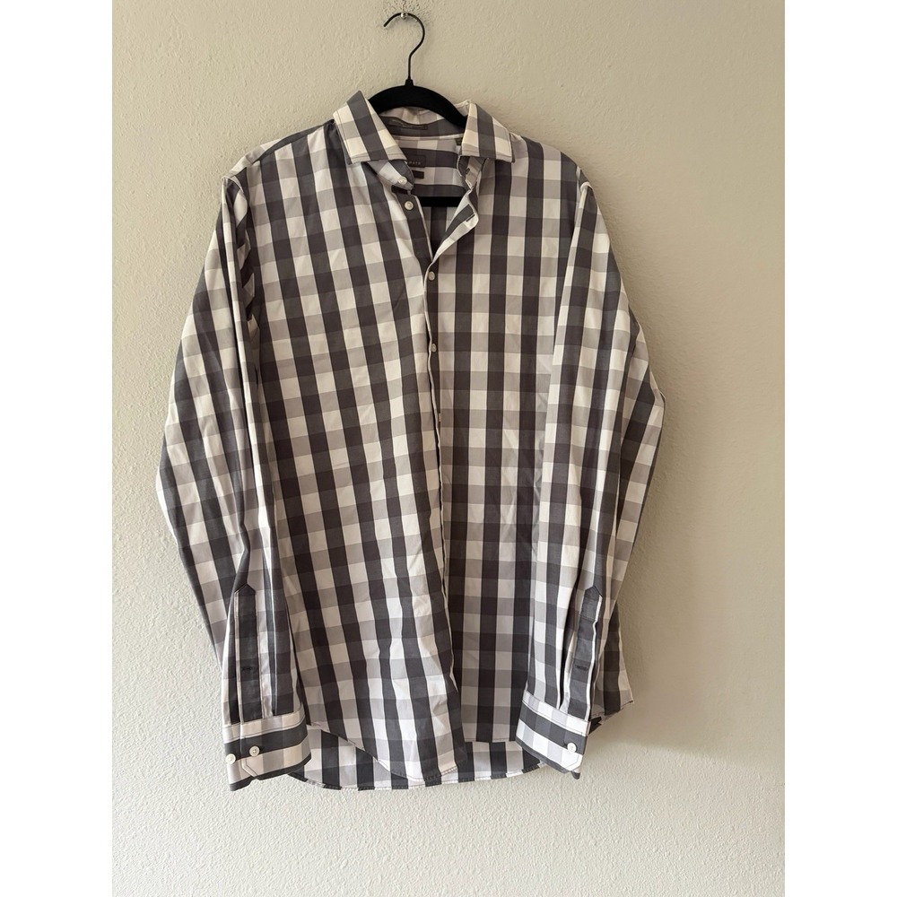 Calibrate Shirt Mens 16 Gray Checks Trim Fit LS 36 37 Non-iron Dress Casual